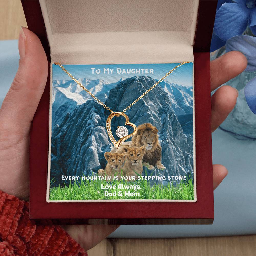 DAUGHTER OUR LOVE IS FOREVER/ FOREVER, LOVE NECKLACE WITH ON DEMAND MESSAGE CARD