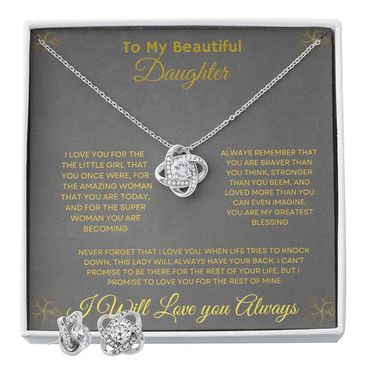 To My Daughter| Love Knot Necklace + Clear CZ earring