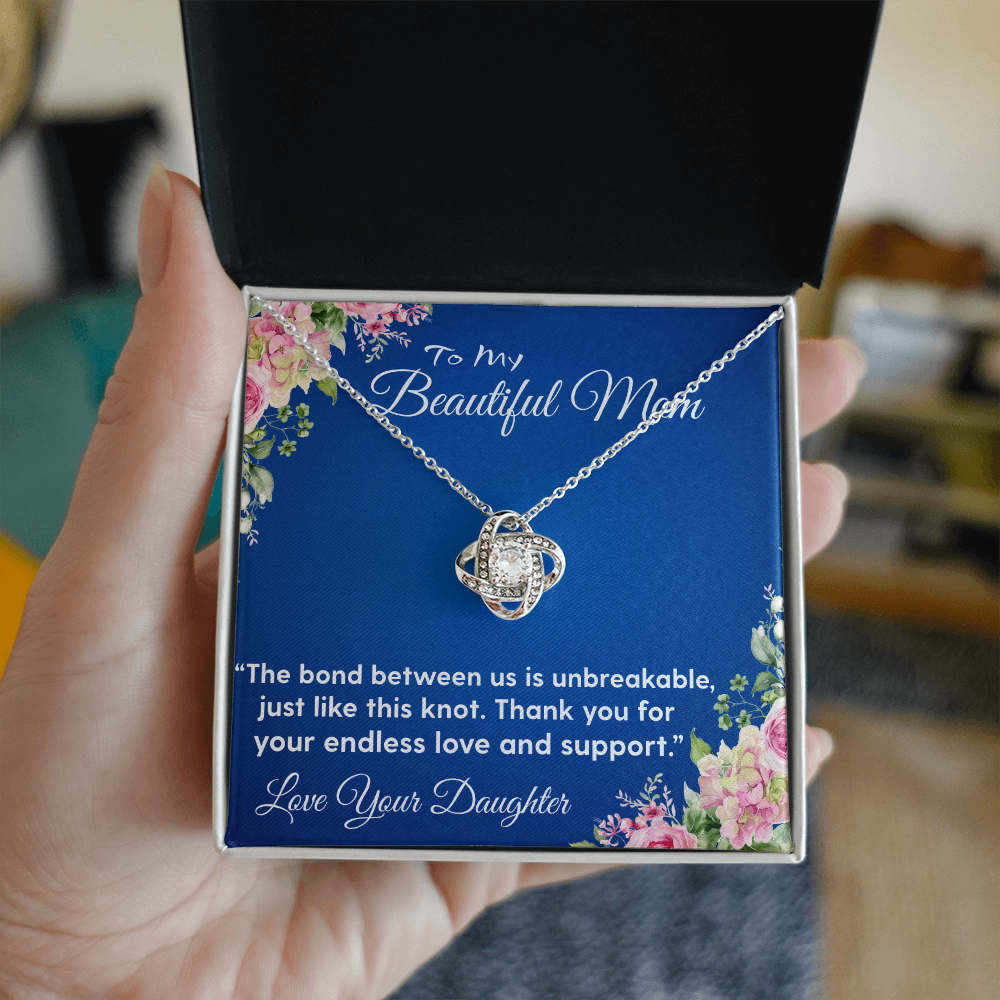 THE BOND BETWEEN US IS UNBREAKABLE JUST LIKE THIS KNOT/ LOVE KNOT NECKLACE WITH ON DEMAND MESSAGE CARD