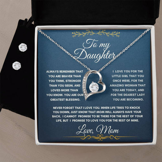 To My Daughter| Forever Love Necklace + Clear CZ Earrings