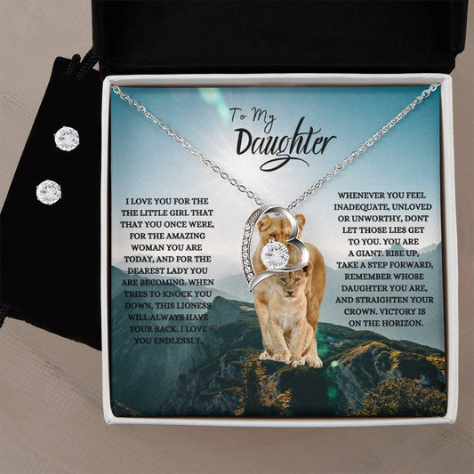 Her Reaction guaranteed! To My Daughter| Forever Love Necklace + Clear CZ Earrings
