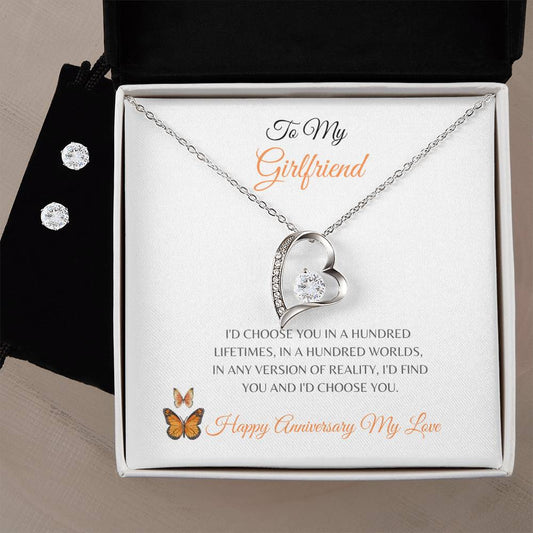 Happy Anniversary To My Girlfriend| Forever Love Necklace + Clear CZ Earrings.
