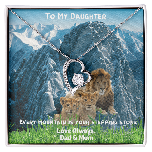 DAUGHTER OUR LOVE IS FOREVER/ FOREVER, LOVE NECKLACE WITH ON DEMAND MESSAGE CARD