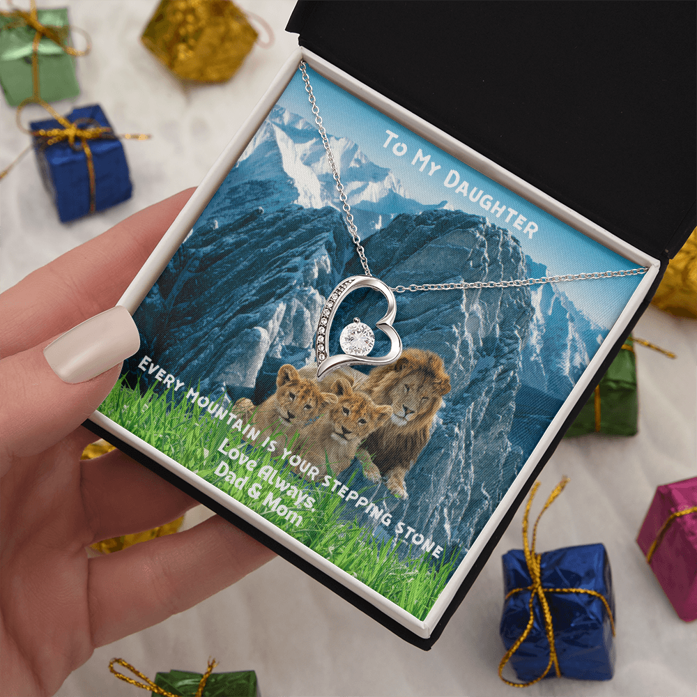 DAUGHTER OUR LOVE IS FOREVER/ FOREVER, LOVE NECKLACE WITH ON DEMAND MESSAGE CARD