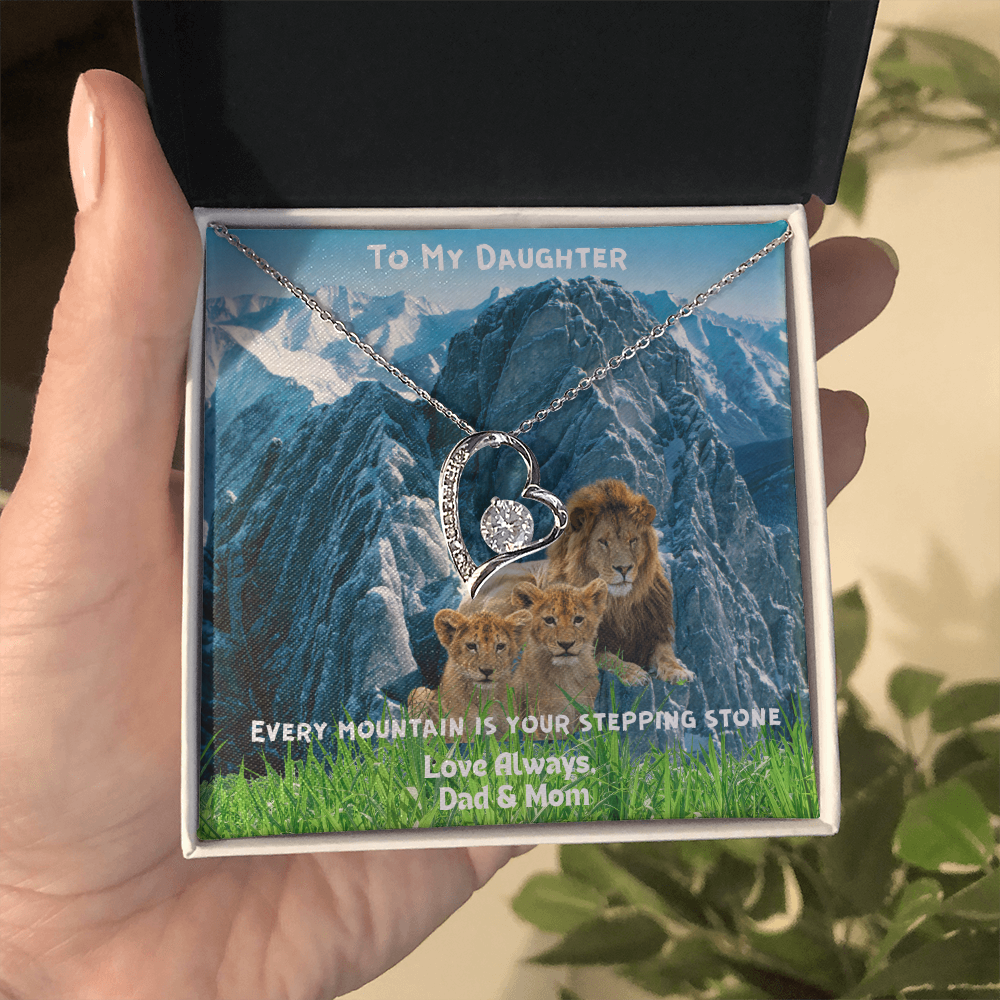 DAUGHTER OUR LOVE IS FOREVER/ FOREVER, LOVE NECKLACE WITH ON DEMAND MESSAGE CARD