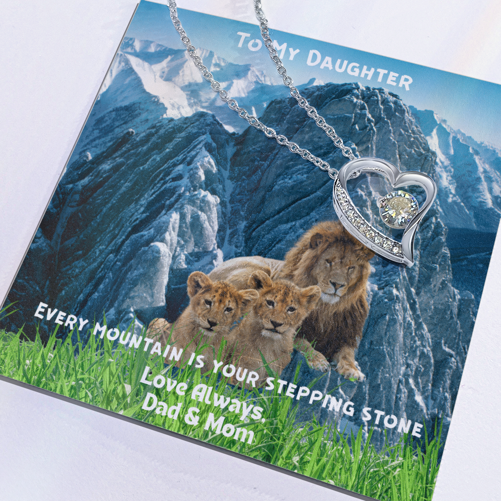 DAUGHTER OUR LOVE IS FOREVER/ FOREVER, LOVE NECKLACE WITH ON DEMAND MESSAGE CARD