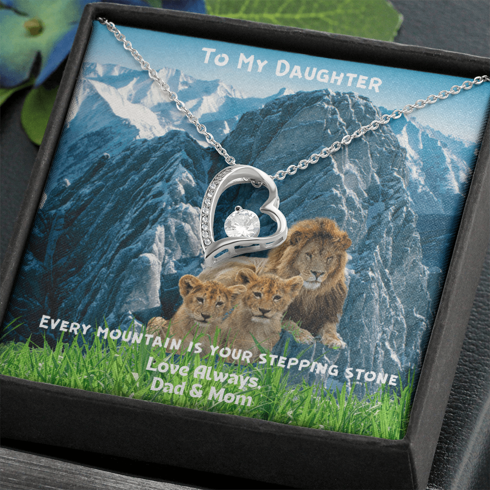 DAUGHTER OUR LOVE IS FOREVER/ FOREVER, LOVE NECKLACE WITH ON DEMAND MESSAGE CARD